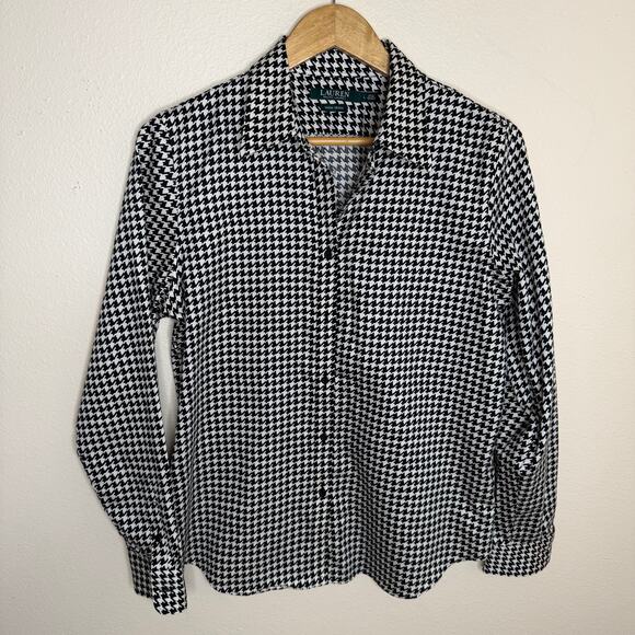 Lauren Ralph Lauren Black White Houndstooth Button-Down Non-Iron Shirt Large - Picture 1 of 9